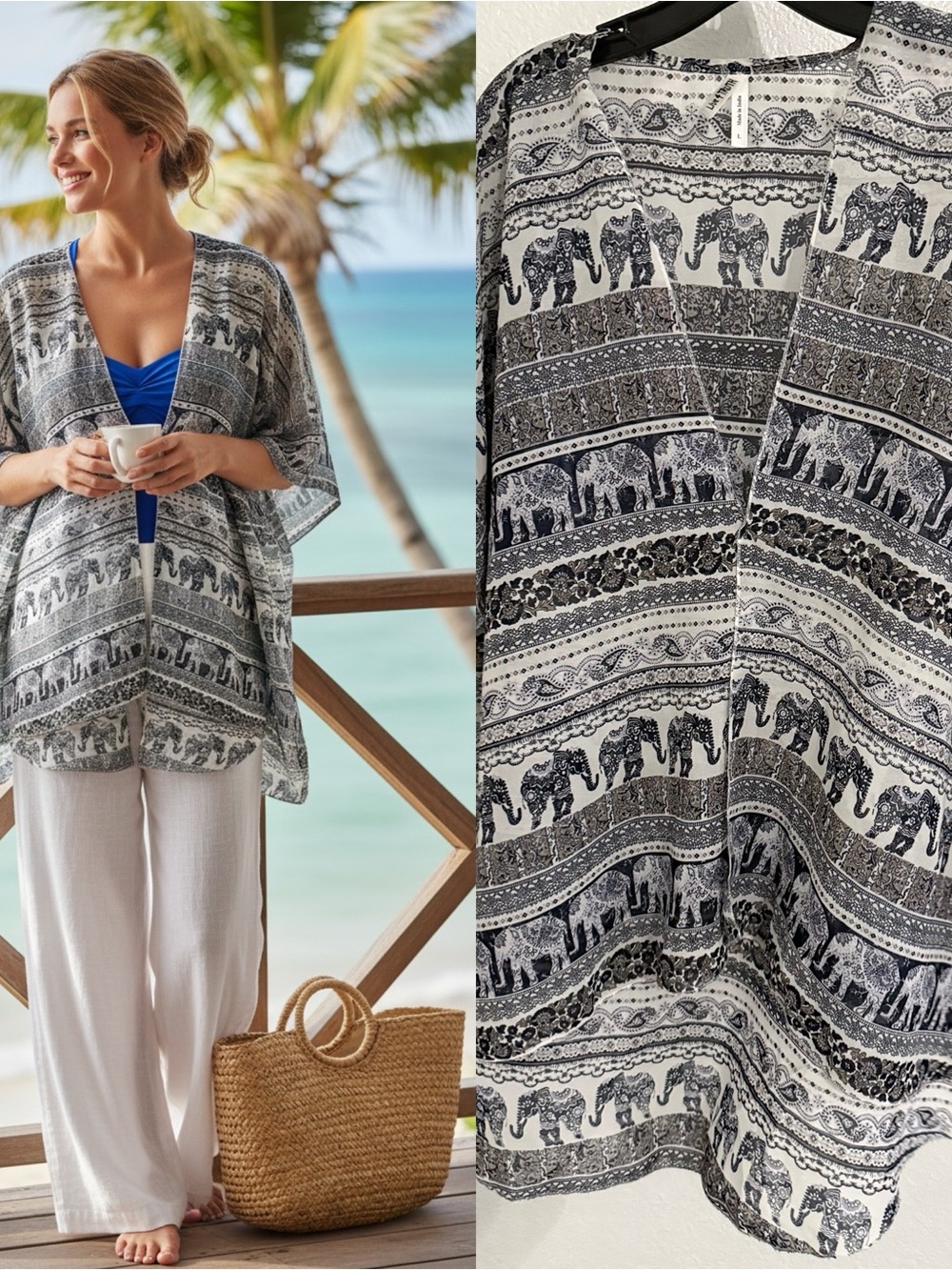 Live Truth Elephant Print Kimono Swim Cover Up Size L Boho Beach